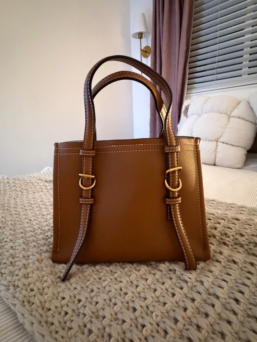 Zara Tan Leather Satchel with Gold Hardware